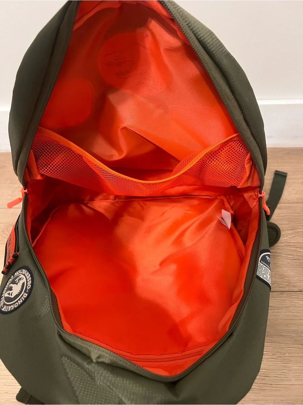 Kids' Olive Green Patch Backpack with Orange Accents